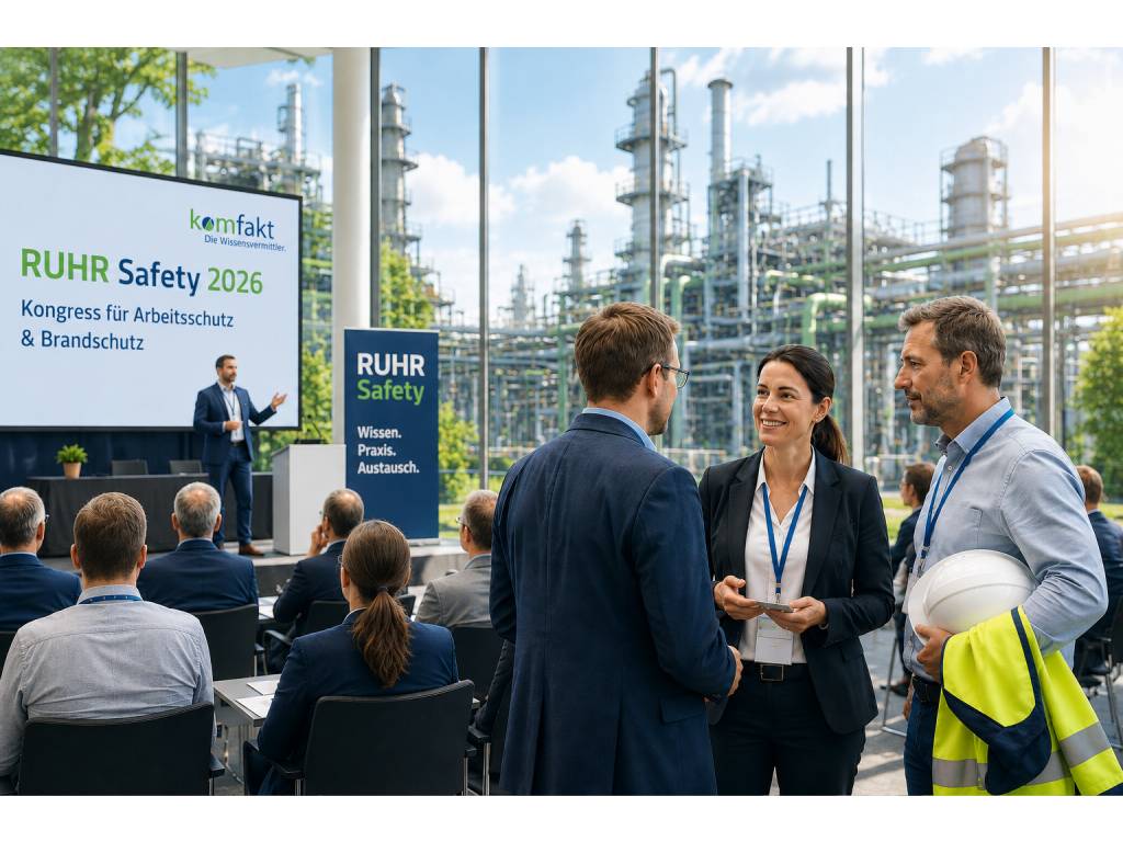 Teilnehmende der RUHR Safety 2026 bei einem Fachkongress für Arbeitsschutz und Brandschutz vor industrieller Kulisse im Industriepark Ruhrchemie.